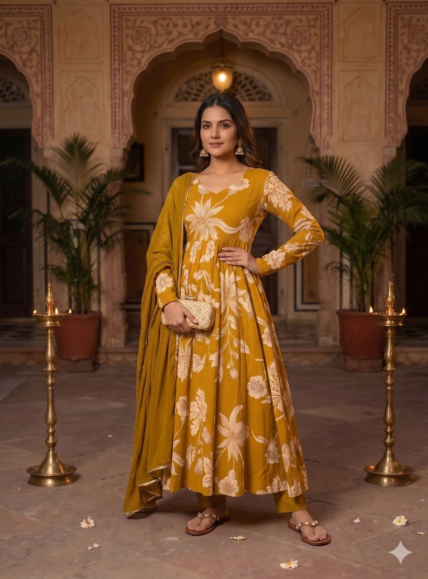 Teeya Creation Mustard Yellow Floral Printed Anarkali Kurta With Pant And Dupatta