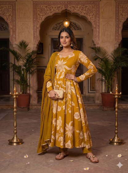Teeya Creation Mustard Yellow Floral Printed Anarkali Kurta With Pant And Dupatta
