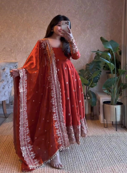 Teeya Creation Vibrant Orange Heavy Border Gher Anarkali Suit For Women
