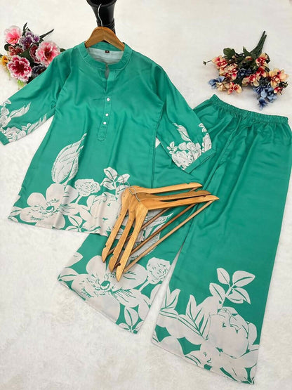 Teeya Creation Stylish Teal Casual Co-ord Set with Floral Print