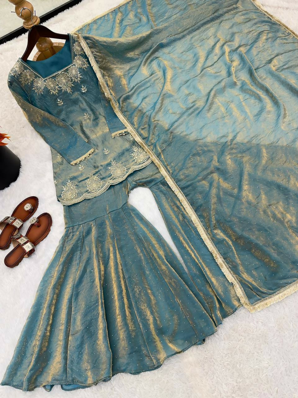 Teeya Creation Womens New Fancy Embroidery Sequence Work With Zarkan Diamond Work Teal Kurta Set