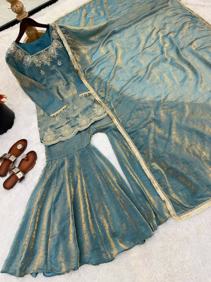 Teeya Creation Womens New Fancy Embroidery Sequence Work With Zarkan Diamond Work Teal Kurta Set