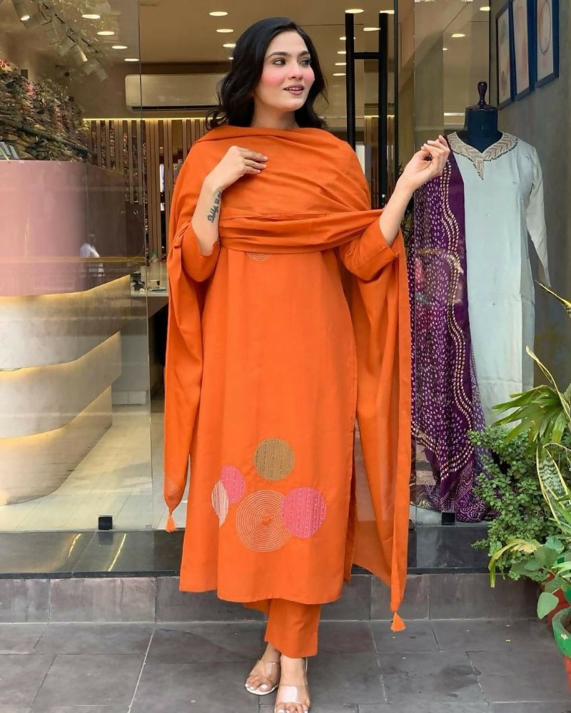 Teeya Creation Women Orange Geometric Embroidered Straight Kurta with Pants and Dupatta Set