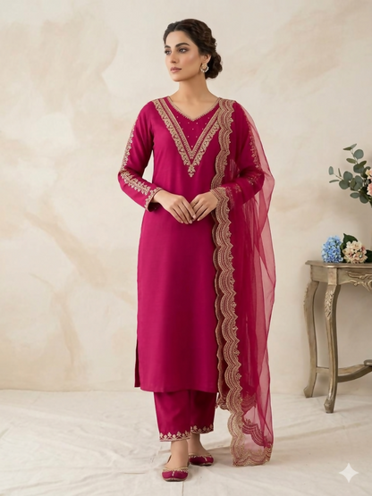 Teeya Creation New Womens Rani Pink Straight Cut Kurta Set with Scalloped Embroidered Organza Dupatta Set