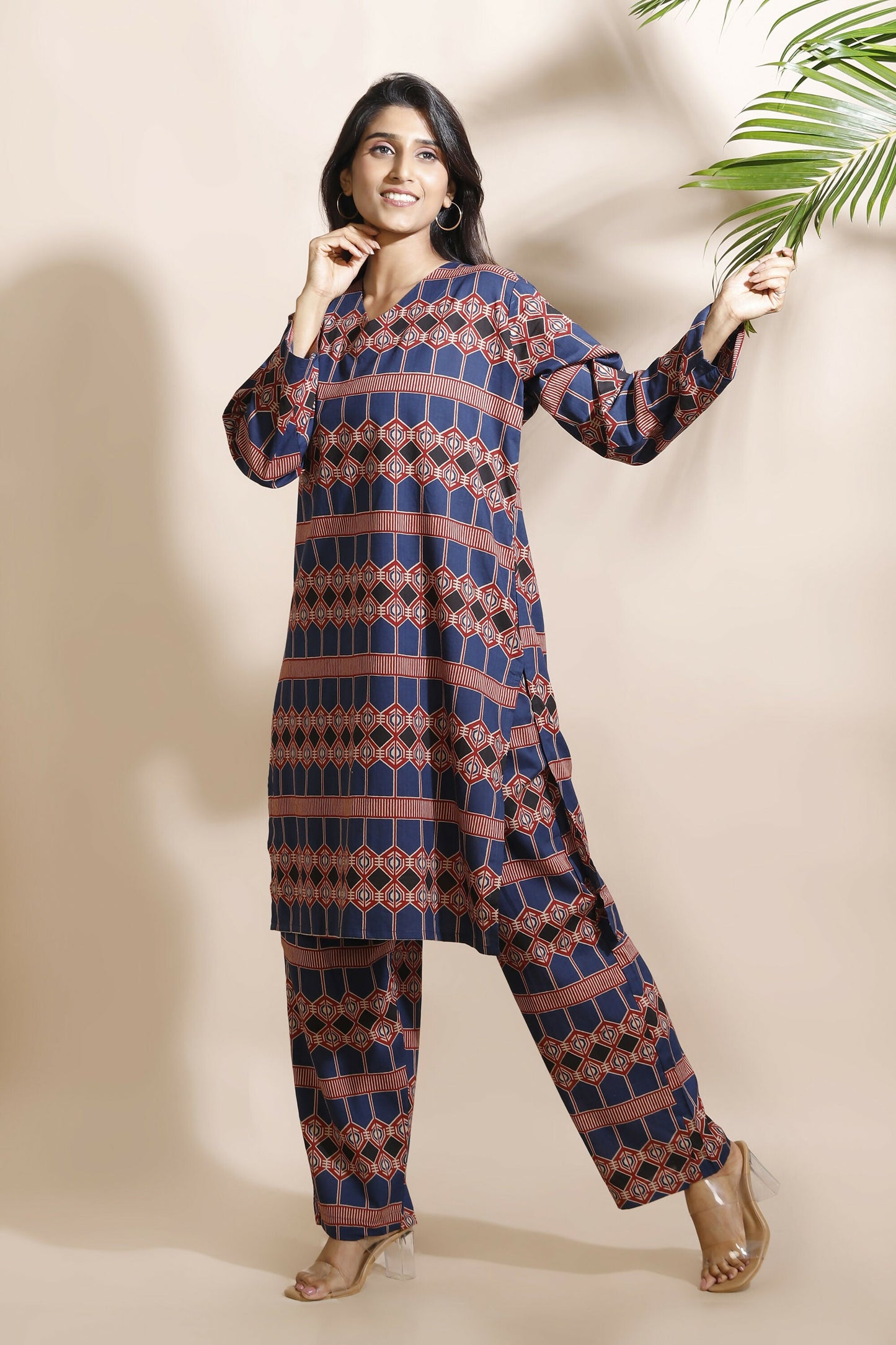 Breathables Women'S Blue Cotton Abstract Print Loungewear Co-Ord Set  Long Kurta & Pants
