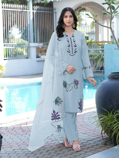 Nikhaar Light Blue Embroidered Art Silk Stitched Straight Cut Kurta Pants Dupatta Readymade Suit