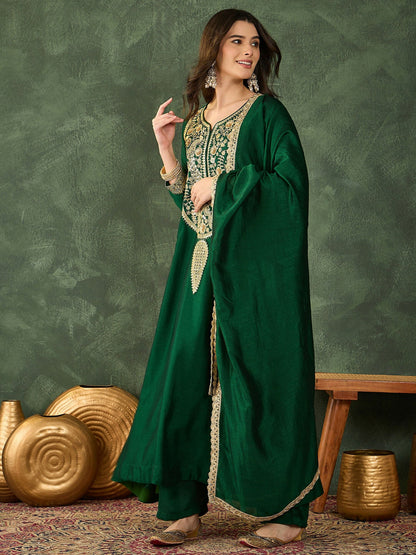 The52 Women's Beautiful Embroidery Work Vichitra Silk Fabric Flared Kurta Pant and Dupatta Set-Green