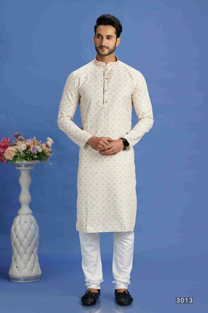 Raivat Ethnic Cotton Embroidery Kurta Pajama In Beige and Yellow Colour
