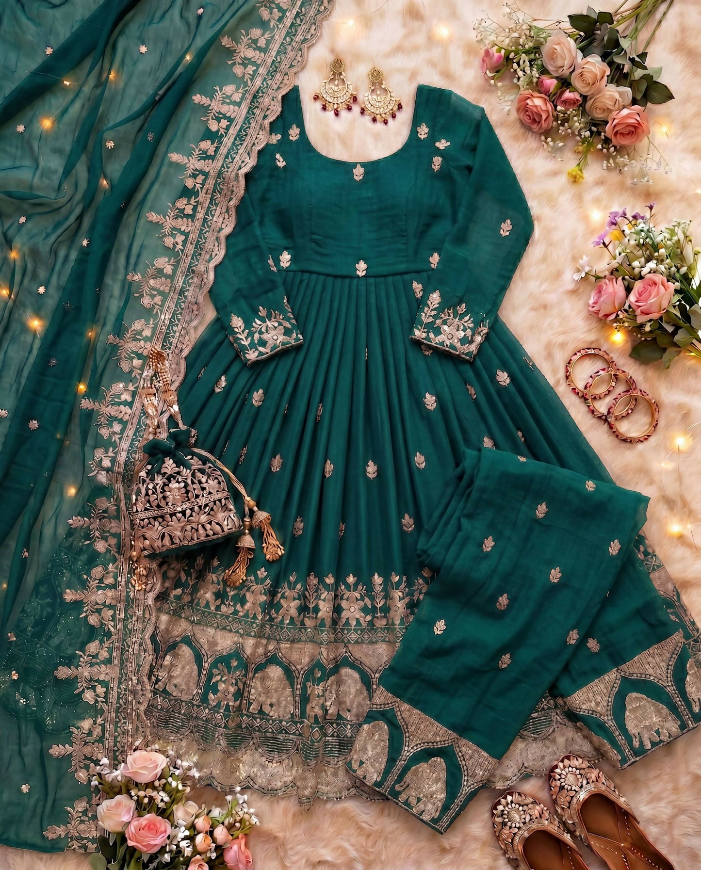 Teeya Creation New Trendy Stylish Wedding Wear Embroidered Anarkali Set - Teal-Green