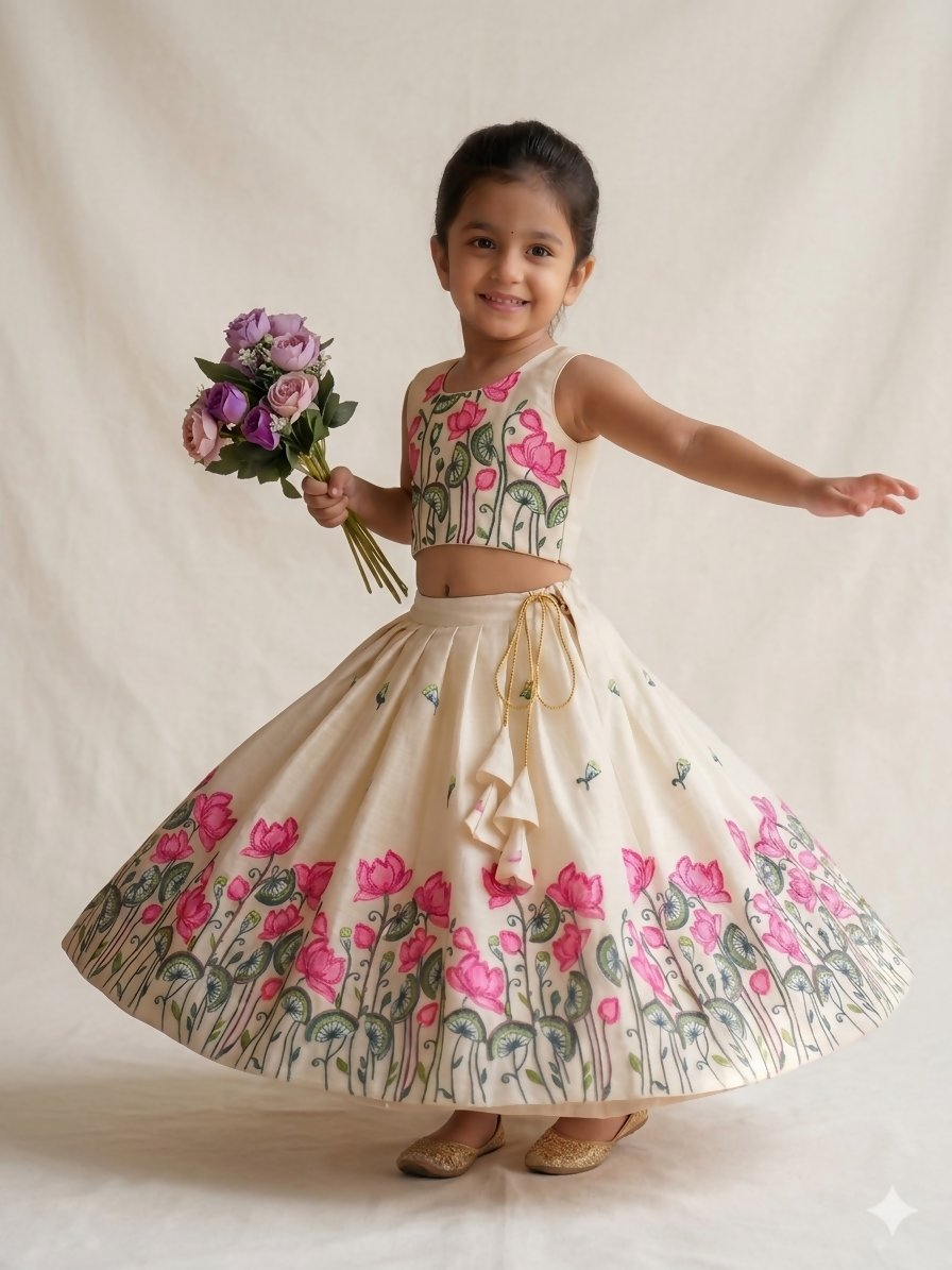 Teeya Creation New Latest Trendy Girls Off-White Lotus Floral Printed Silk Lehenga Choli Set With Tassels-White