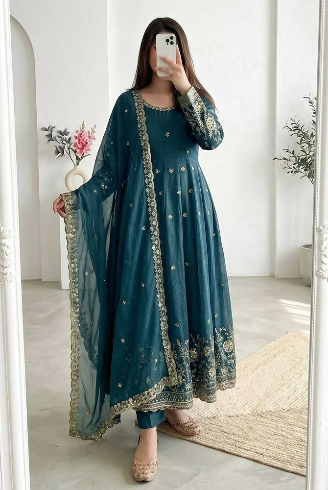 Teeya Creation New Stylish Trendy Elegant Teal Embroidered Anarkali Suit with Dupatta