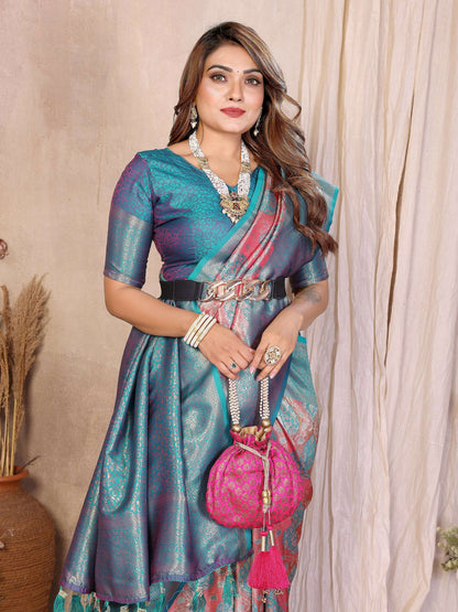Aastha Fashion Aqua Banarasi Tissue Silk Weaving Saree