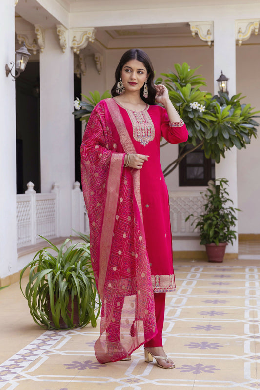 The52 Women's Beautiful Embroidery Work Viscose Chanderi Fabric Straight Kurta Pant and Dupatta Set-Red