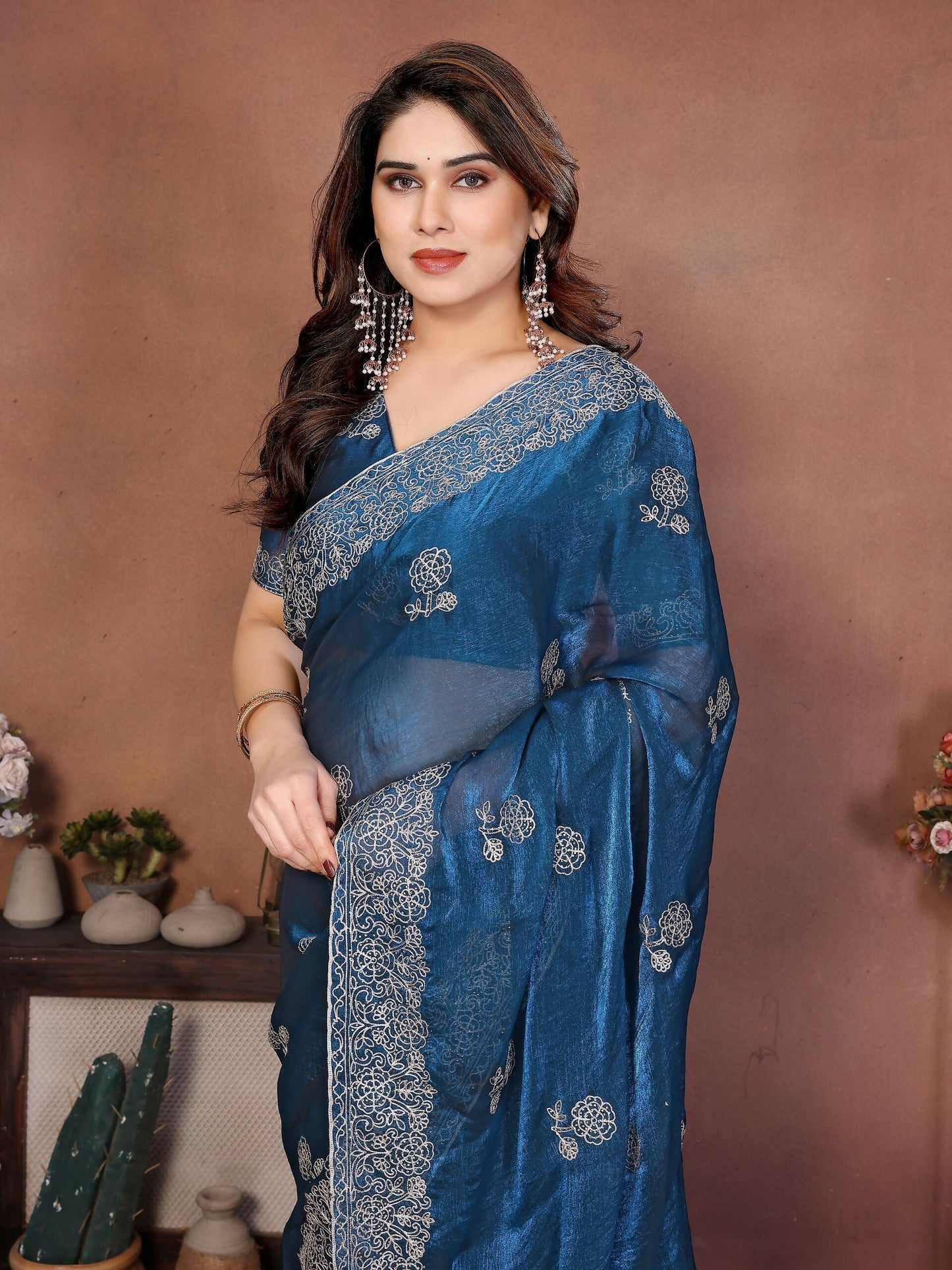 Teeya Creation New Trendy Party Wear Soft Satin Chiffon Saree-Blue