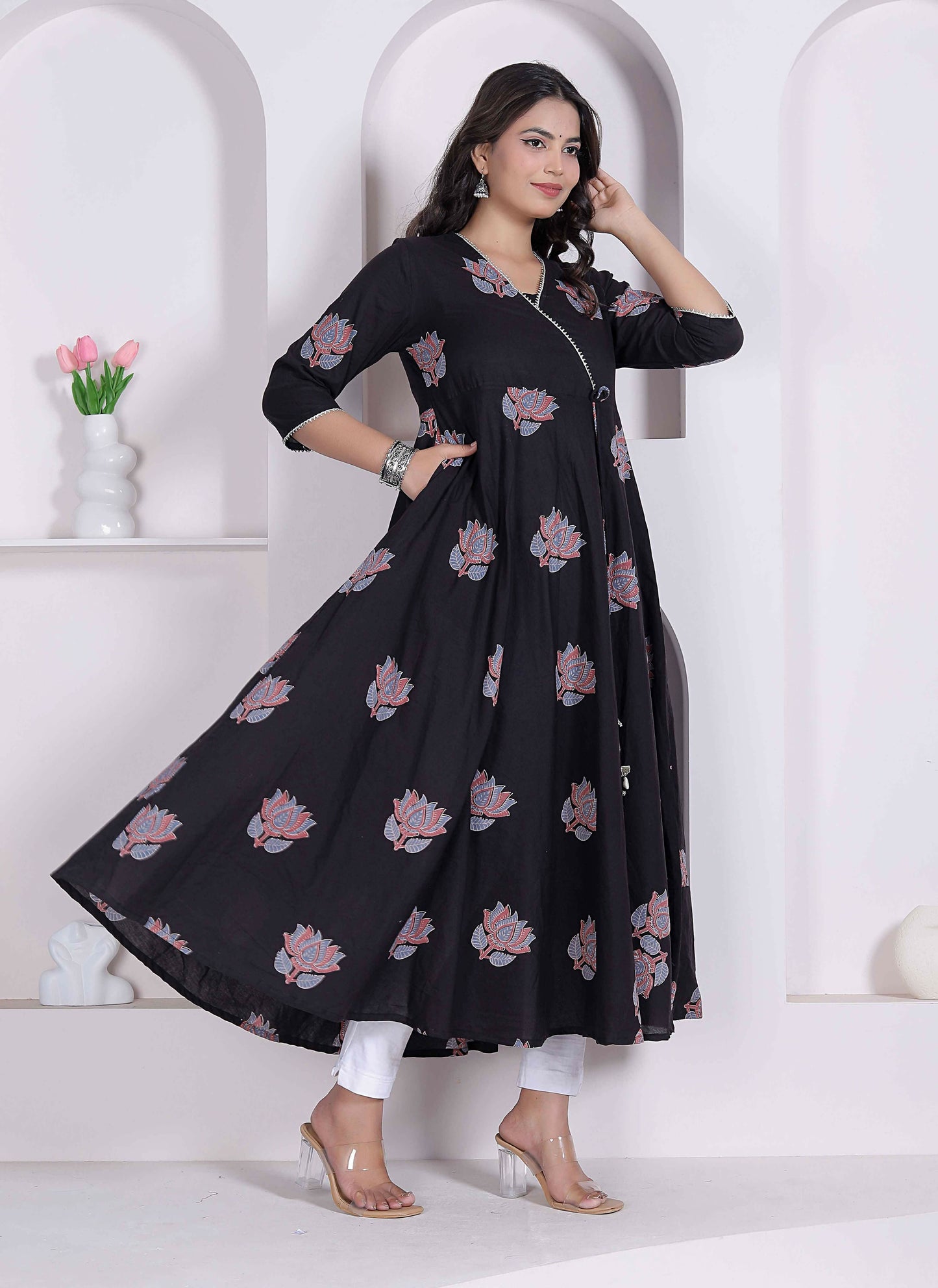 Miravan Womens Cotton Floral Print Anarkali Kurta-Black
