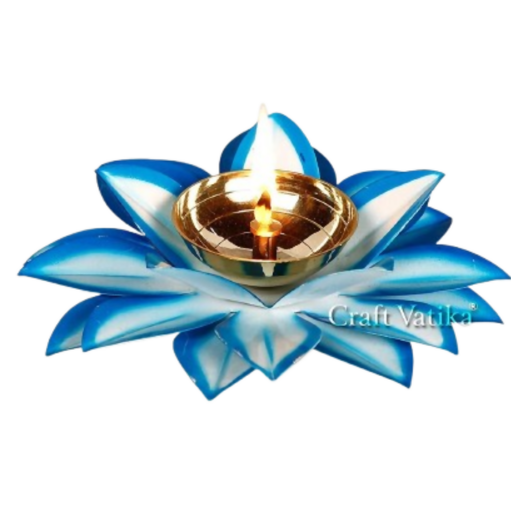 CraftVatika Brass Diya Oil Lamp Stand Lotus Kamal Patti Diyas - Sky Blue