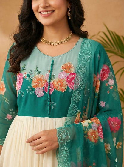 Teeya Creation Womens New Fancy Fox Georgette Heavy Quality Fabric With Handwork Teal Gown Set