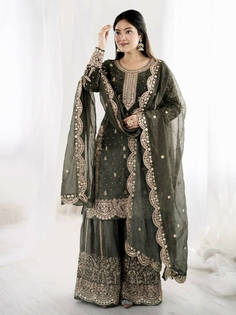 Teeya Creation Womens New Trendy Embroidery Coding And Sequence Work Grey Kurta Set
