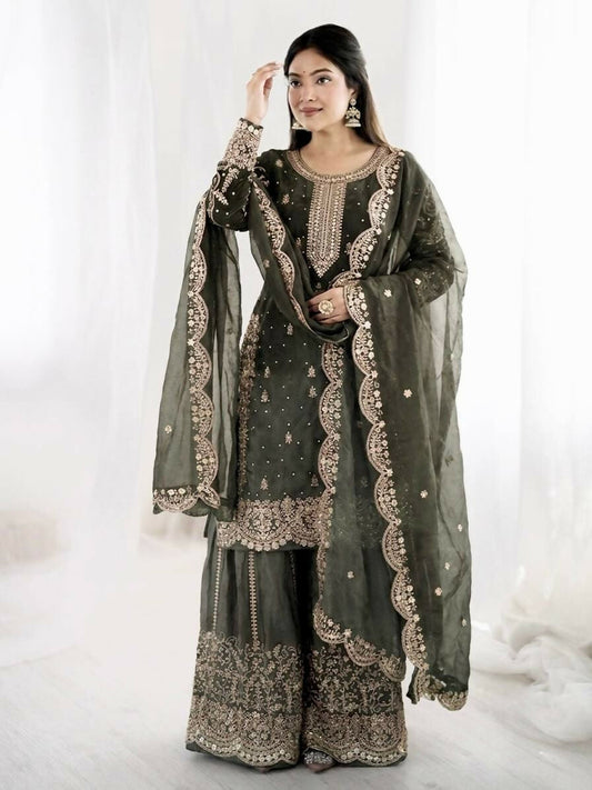 Teeya Creation Womens New Trendy Embroidery Coding And Sequence Work Grey Kurta Set