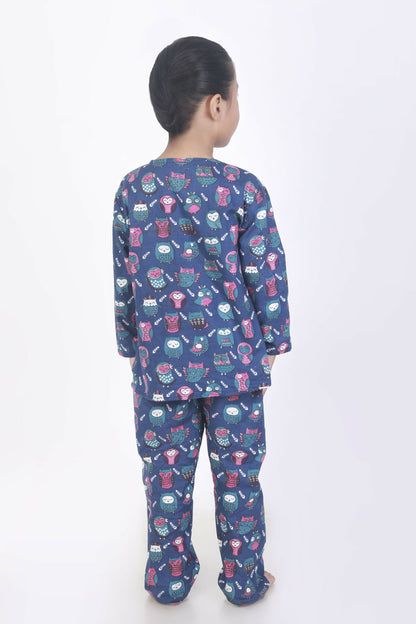 Breathables Kids Cotton Owl Print Co-Ord Night Suit  Navy Blue