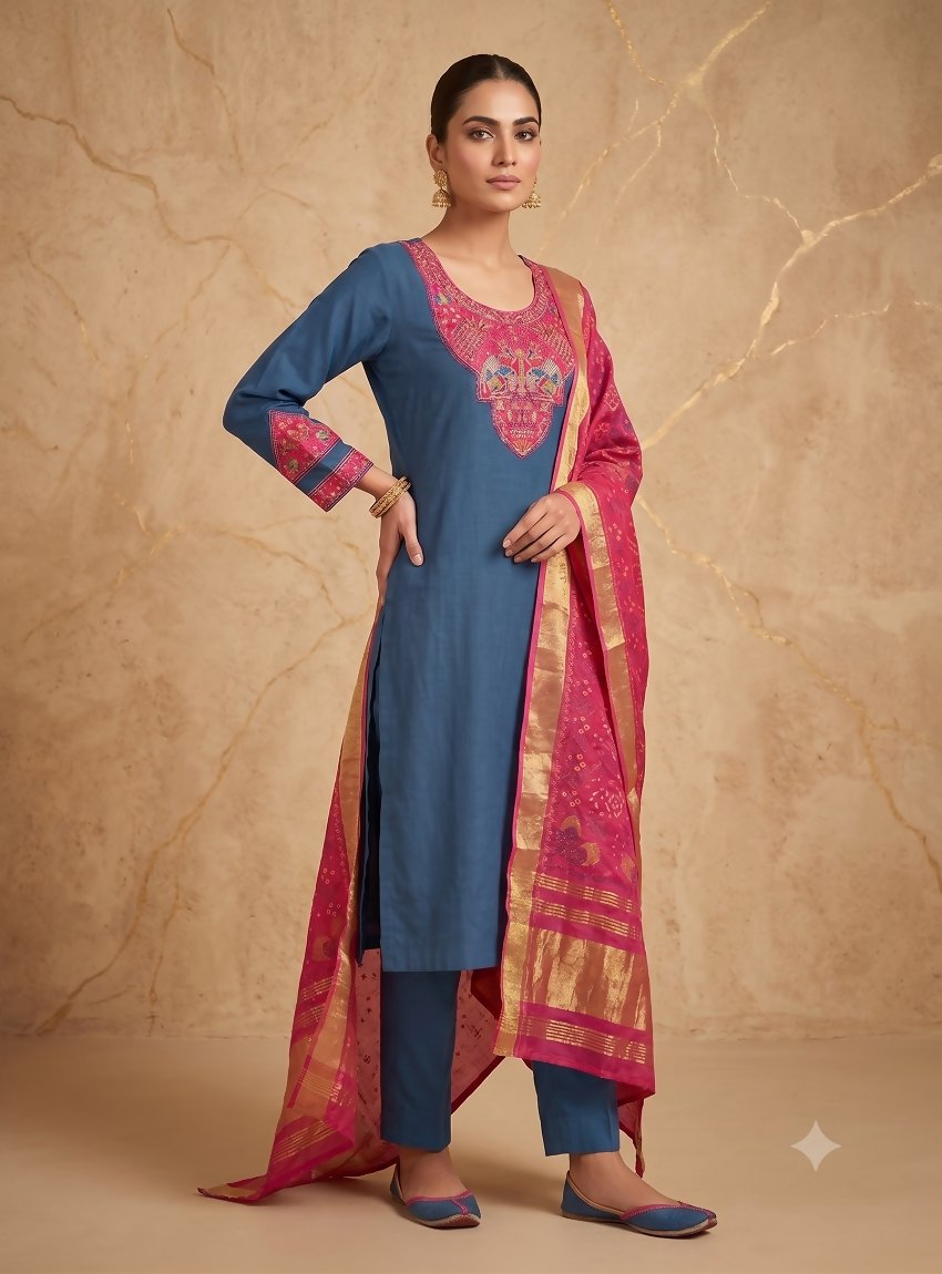 Teeya Creation Women Teal Blue Embroidered Straight Kurta With Magenta Dupatta And Pant Set