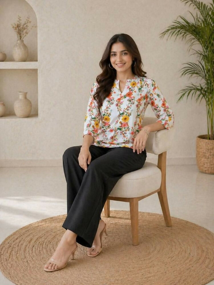 Teeya Creation Women White & Yellow Floral Printed Cotton Kurti with Black Palazzo Set