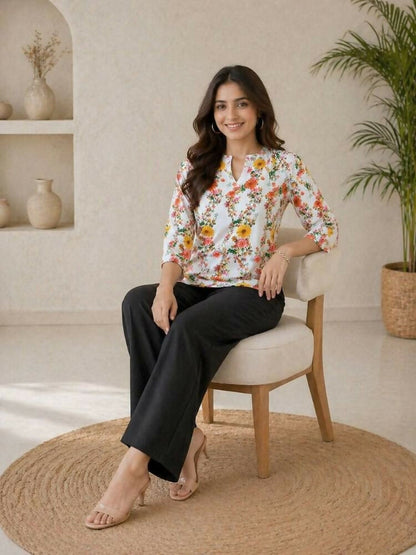 Teeya Creation Women White & Yellow Floral Printed Cotton Kurti with Black Palazzo Set
