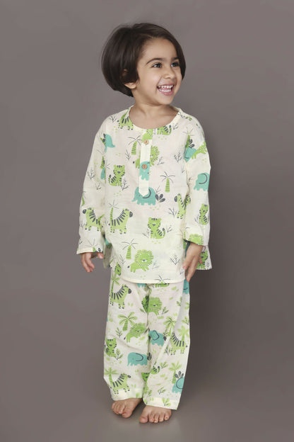 Breathables White Blue-Green Animal Cotton Nightsuit | Boys & Girls Kids
