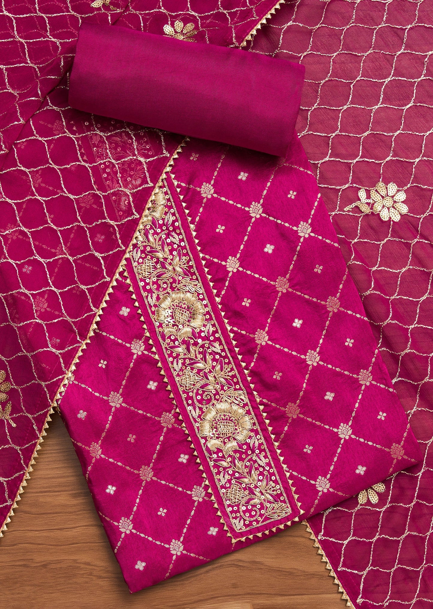 Magenta Chanderi Unstitched Suit With Dupatta
