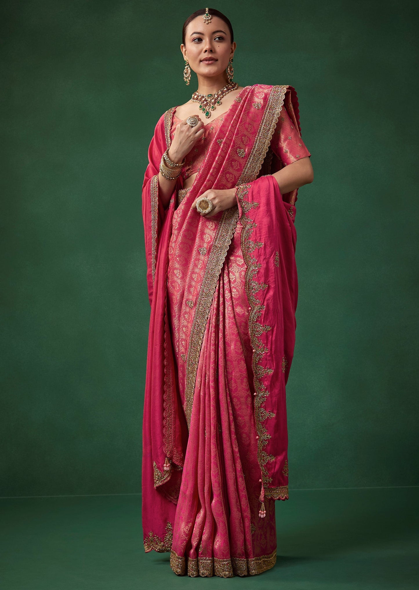 Magenta Embroidered Jacquard Border Saree with Unstitched Blouse