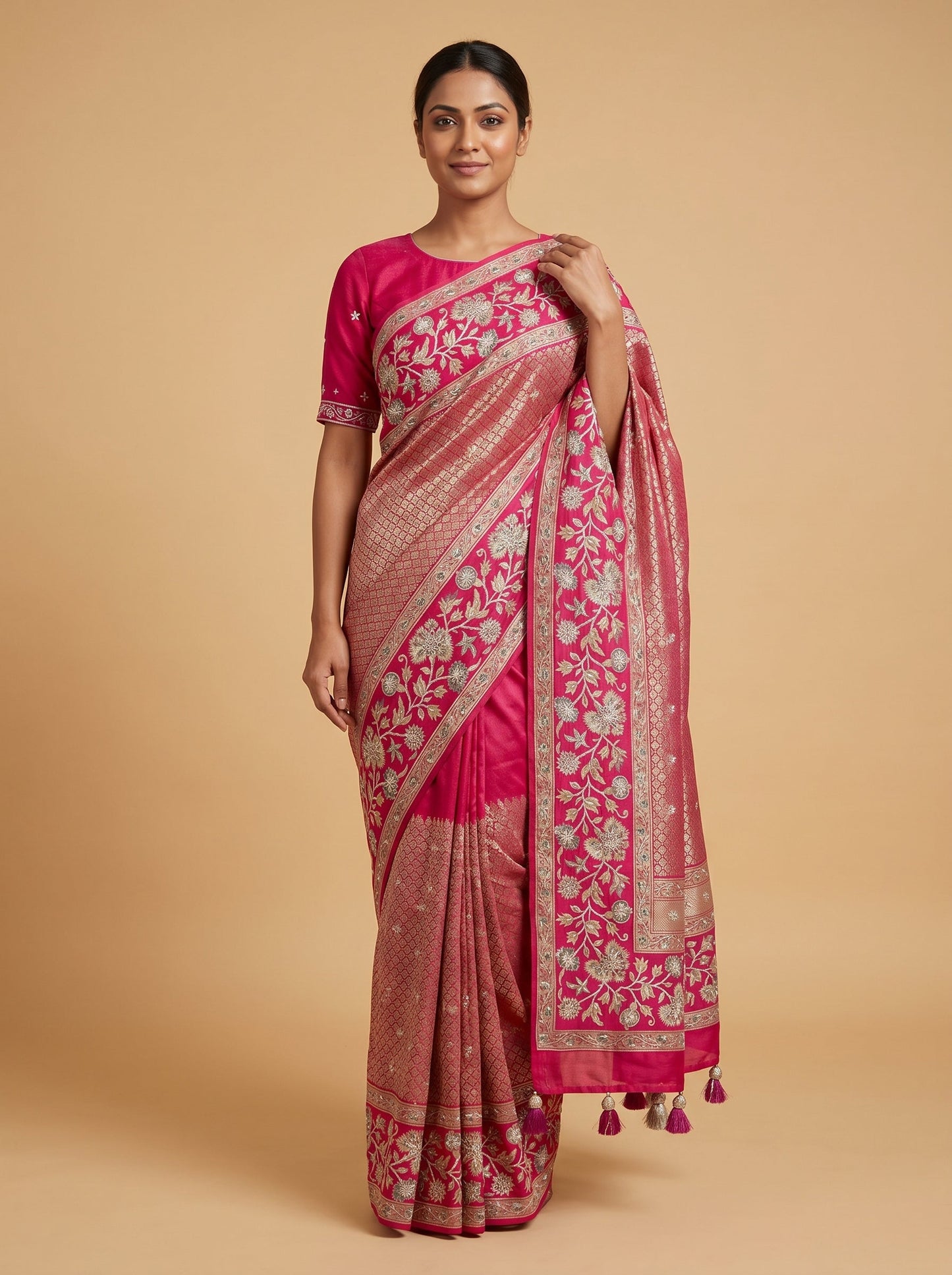 Magenta Pink Fuchsia Bloom Embroidered Saree