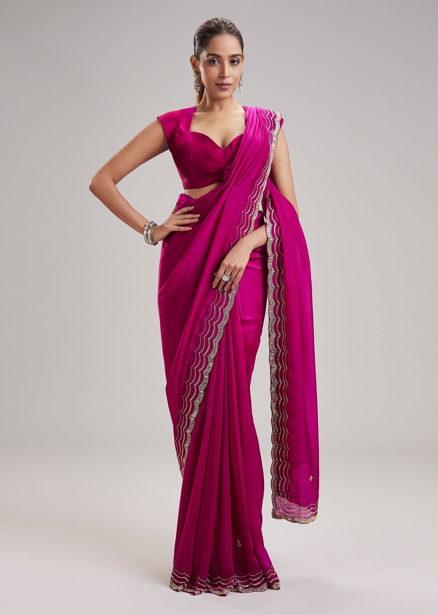 Magenta Plain Silk Saree With Embellished Border