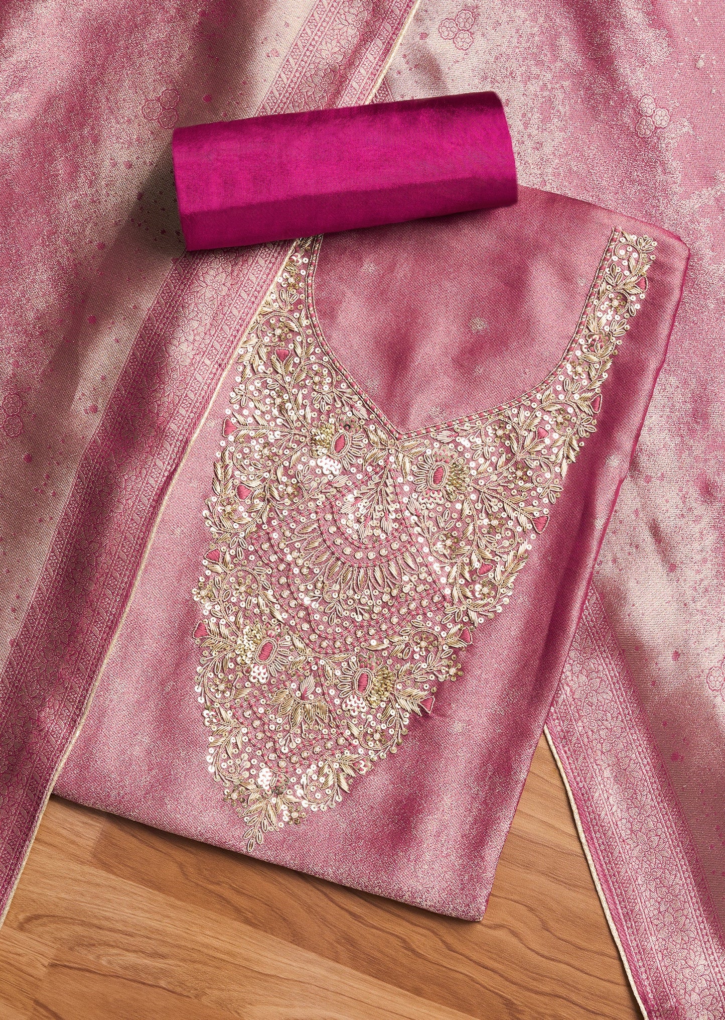 Magenta Tissue Embroidered Unstitched Suit Set