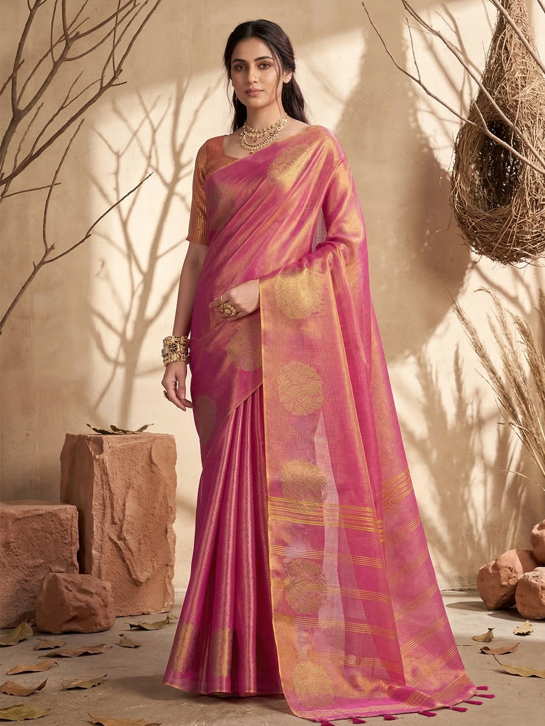 Anaita Magenta Tissue Silk Woven Saree With Blouse