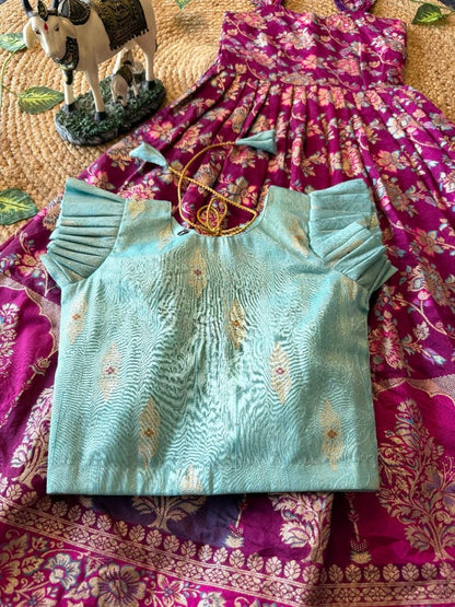 Evanik Festive Wear Magenta Dola Silk zari and thread weaving Gown With Skyblue Koti