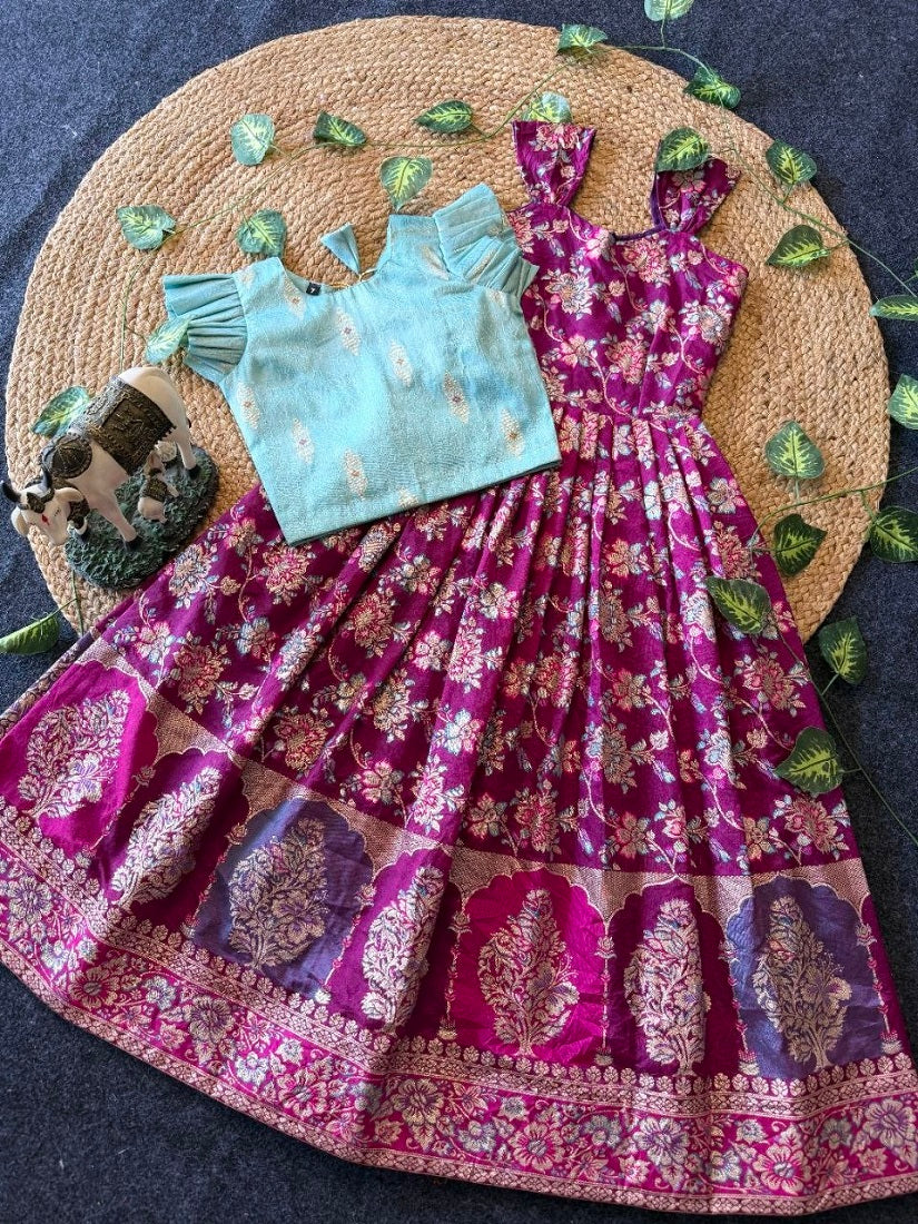 Evanik Festive Wear Magenta Dola Silk zari and thread weaving Gown With Skyblue Koti