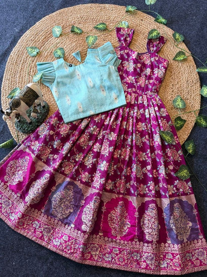 Evanik Festive Wear Magenta Dola Silk zari and thread weaving Gown With Skyblue Koti