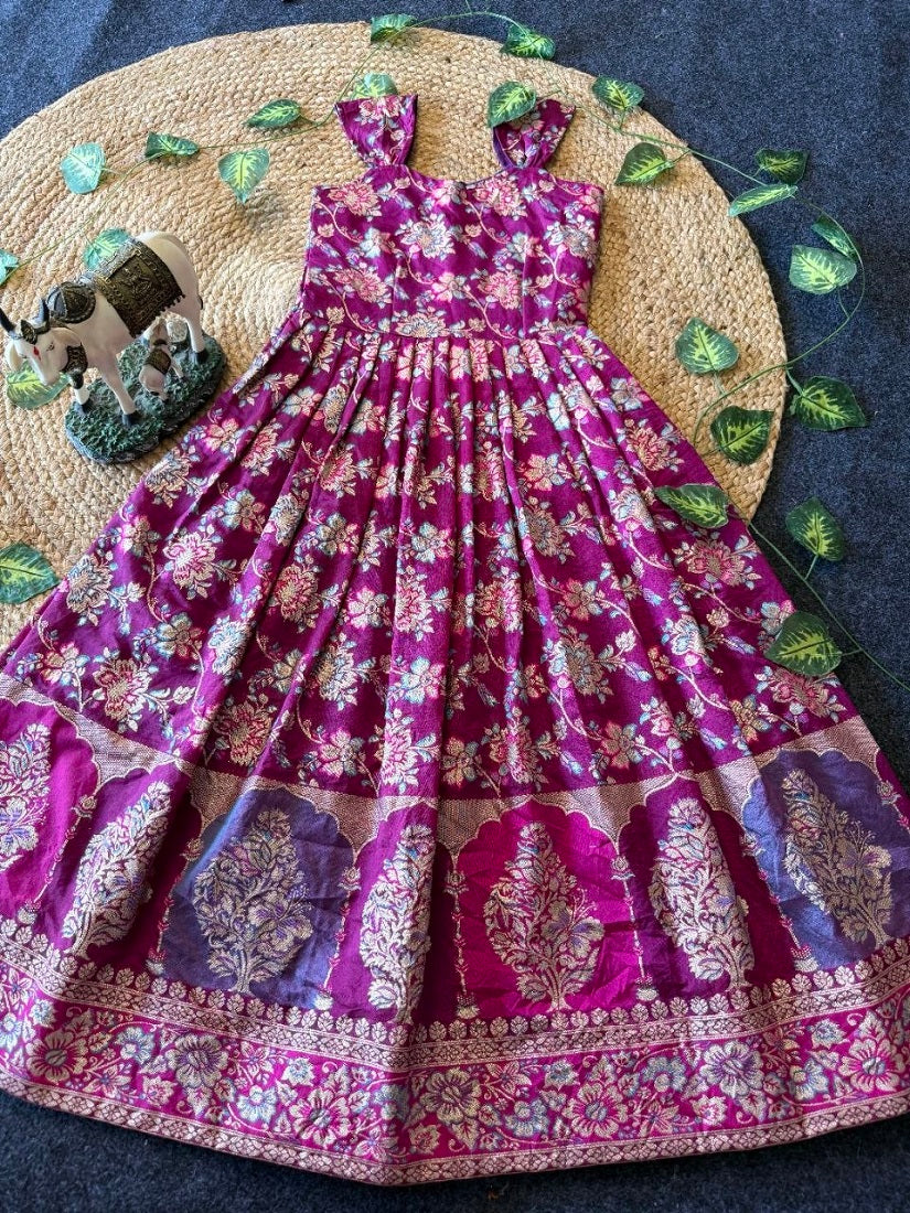 Evanik Festive Wear Magenta Dola Silk zari and thread weaving Gown With Skyblue Koti