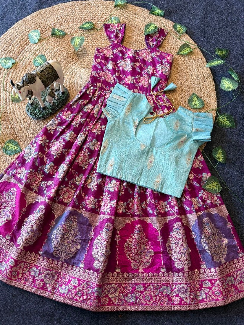 Evanik Festive Wear Magenta Dola Silk zari and thread weaving Gown With Skyblue Koti