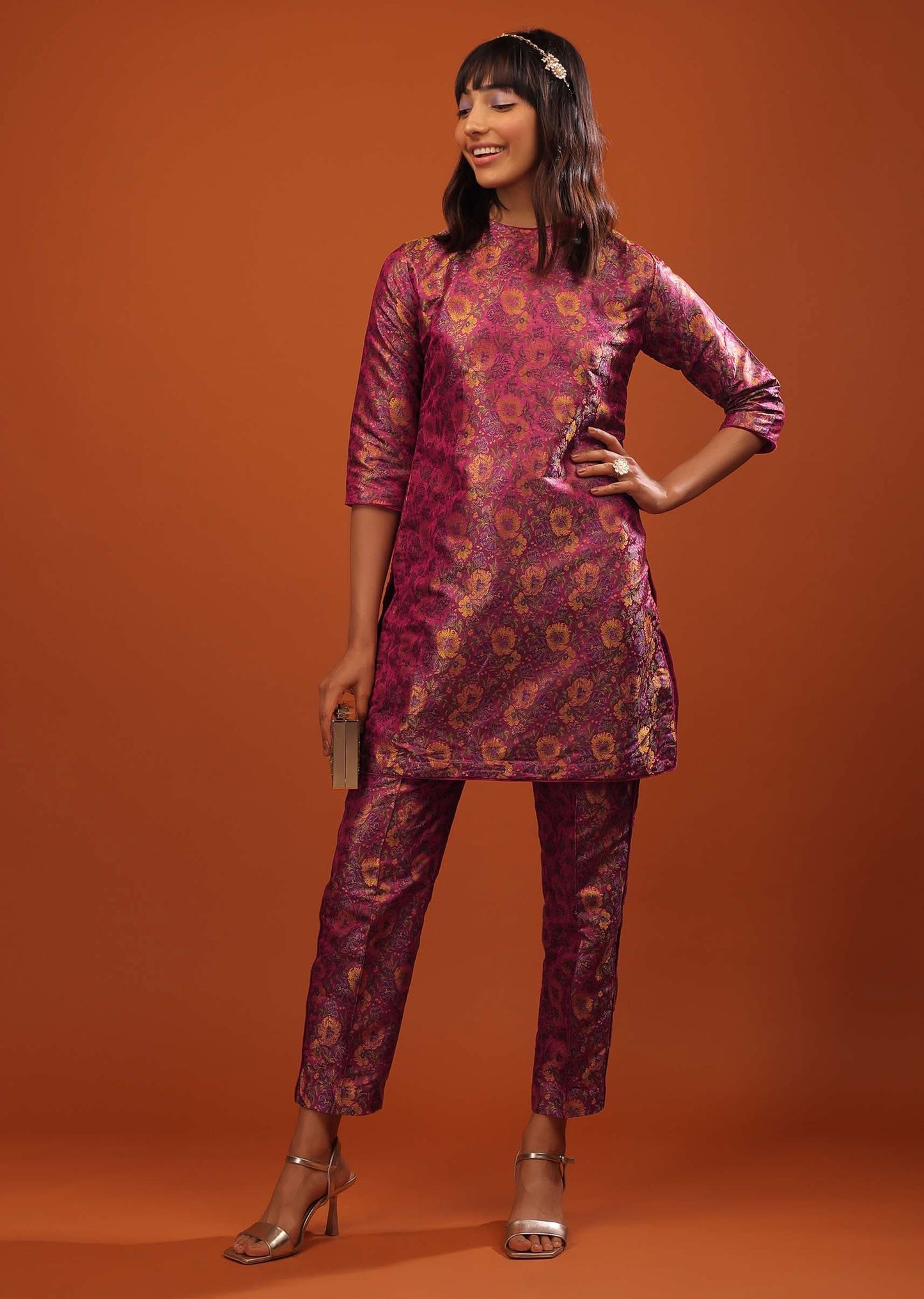 Burgundy Purple Banarasi Brocade Short Kurta And Cigarette Pants Set With Woven Floral Design