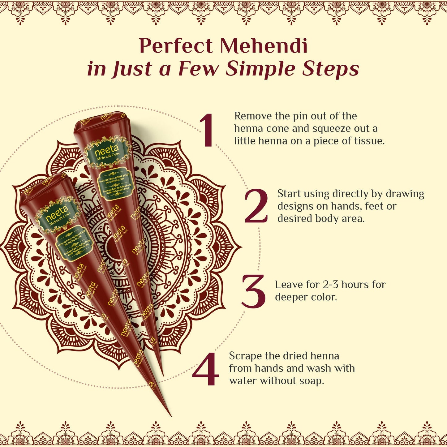 Neeta Mehendi Cone For Hand Design  12 Henna Cones Reddish Brown