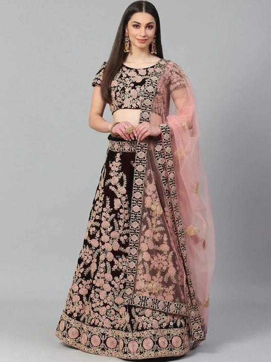 Tulsi Art Maroon & Peach-Coloured Embroidered Semi-Stitched Myntra Lehenga & Unstitched Blouse With Dupatta