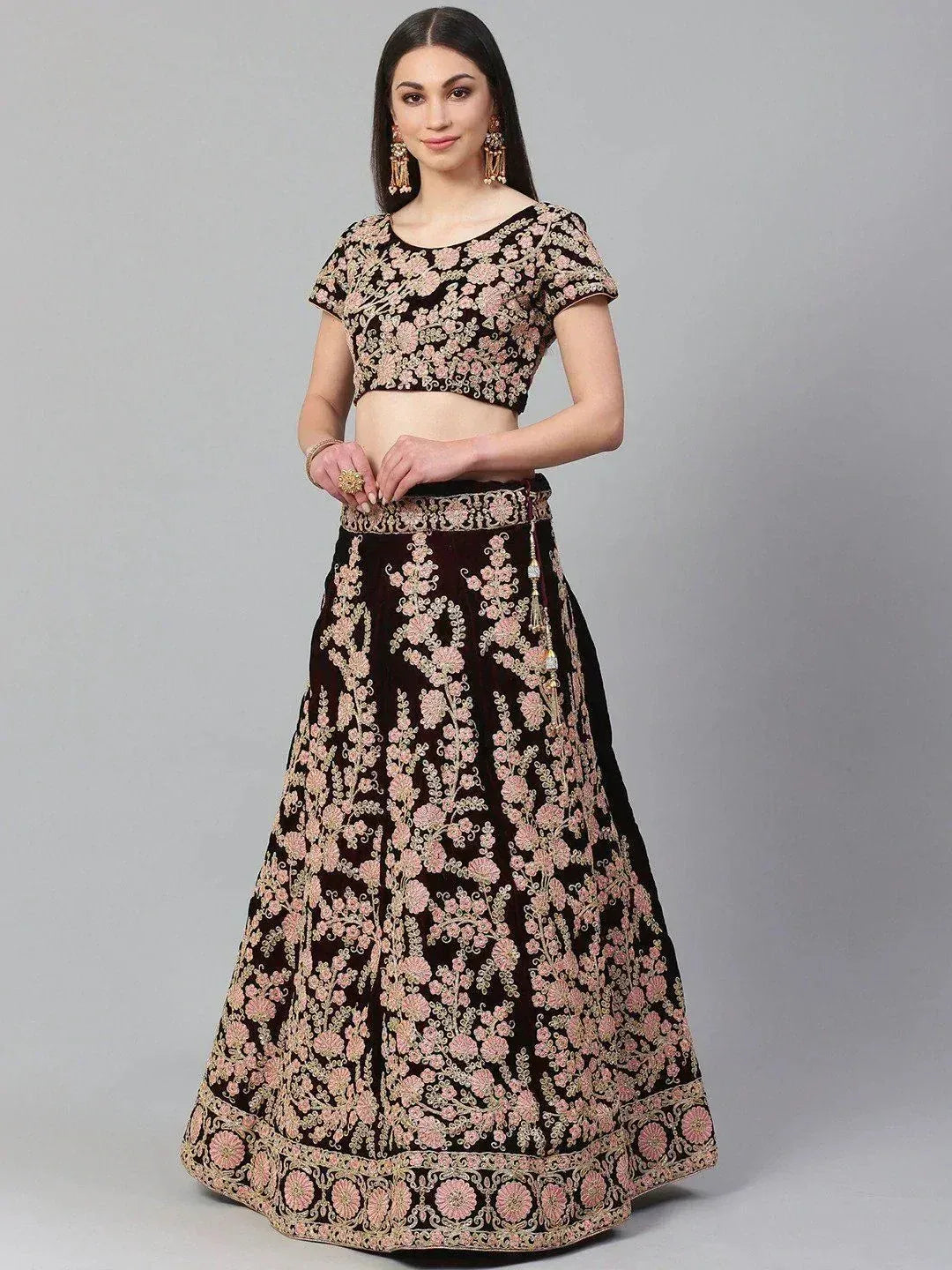 Tulsi Art Maroon & Peach-Coloured Embroidered Semi-Stitched Myntra Lehenga & Unstitched Blouse With Dupatta