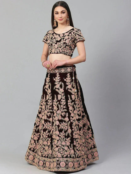 Tulsi Art Maroon & Peach-Coloured Embroidered Semi-Stitched Myntra Lehenga & Unstitched Blouse With Dupatta