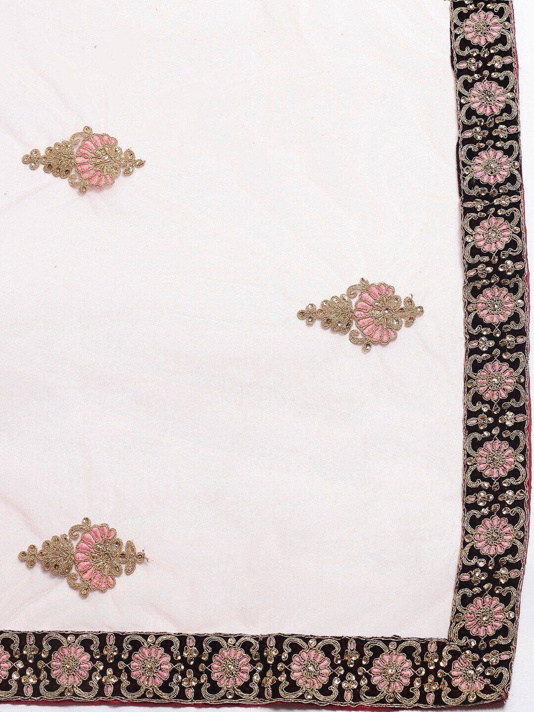 Tulsi Art Maroon & Peach-Coloured Embroidered Semi-Stitched Myntra Lehenga & Unstitched Blouse With Dupatta