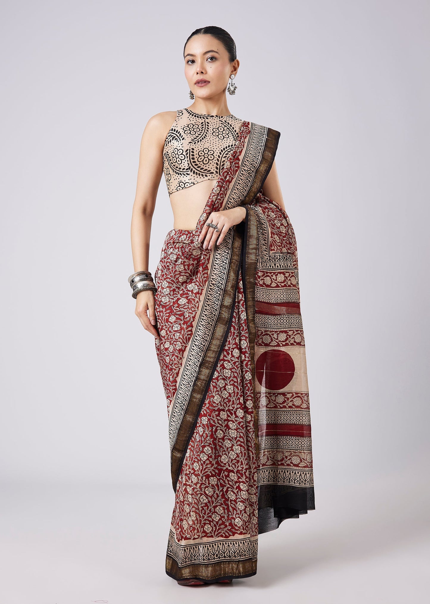 Maroon Block Printed Motif Saree with Unstitched Blouse