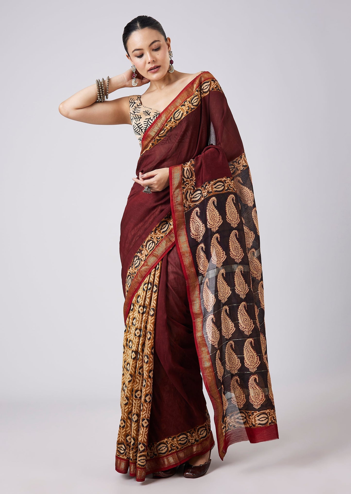 Maroon Block Printed Saree with Unstitched Blouse