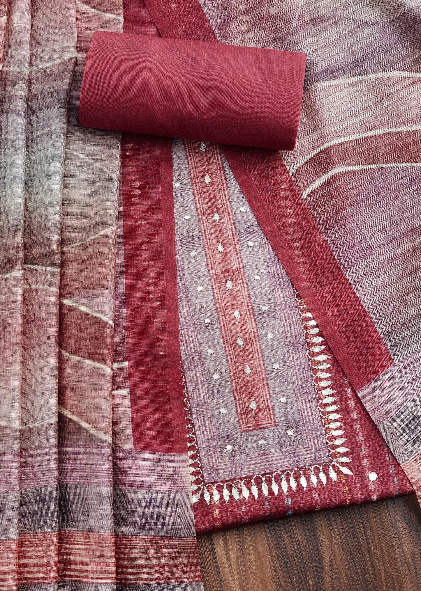 Maroon Dola Silk Printed Unstitched Suit