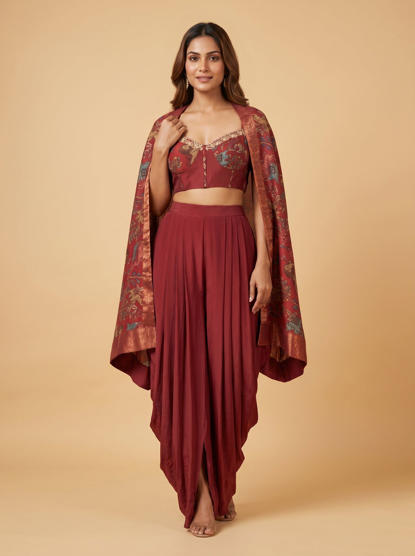 Maroon Draped Indowestern Jacket Set With Printed Cape