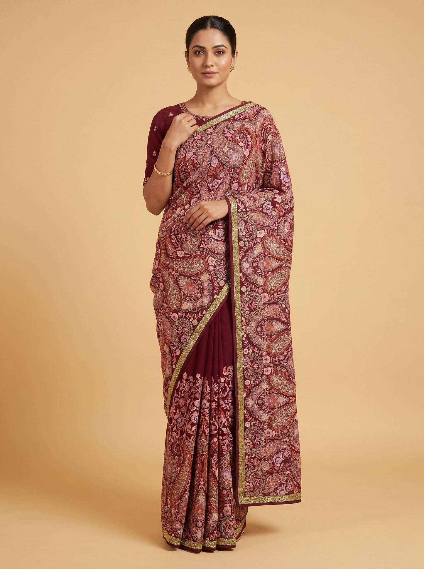 Maroon Embroidered Saree with Vivid Accents